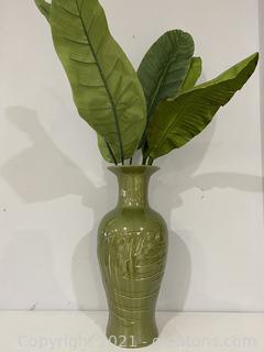 Green Modern Floor Vase with Faux Banana Leaves 
