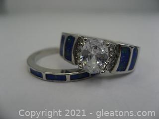 Sterling Silver CZ and Blue Enamel Ring Set 