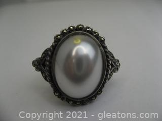 Pearl & Marcasite Ring in Sterling Silver 