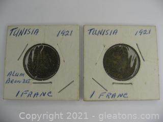 2 Tunisian 1 Franc 1921 Coins 