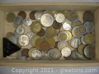 Assortment of Foreign Coins in Wooden Box 