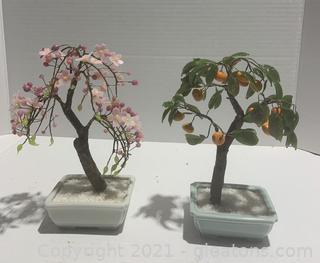 Two Jade Glass Faux Bonsai Trees in Ceramic Pots 