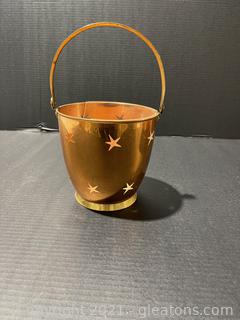 Copper Ice Bucket W/ Star Cut Outs. Glass Insert is Broken 