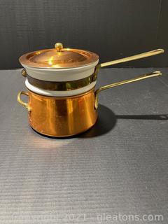 OId Dutch Copper Double Boiler W/Porcelain Insert 