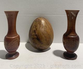 Two Mid Century Carved Wooden Vases and an Egg Shaped Carved Piece 
