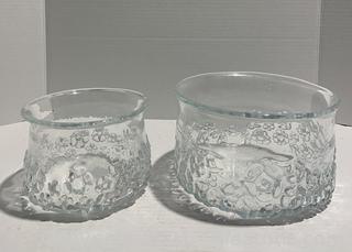 Two Heavy Floral Motif Bubble Glass Bowls 