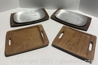 Two Weavewood 2pc Serving Tray Sets with Two Other Wooden Platters 