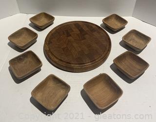Digsmed End Grain Teak Wood Carving Board with Eight Small Bowls 