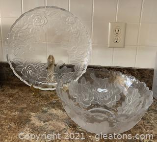 Vintage Laura Glass Rose Garden Platter and Bowl