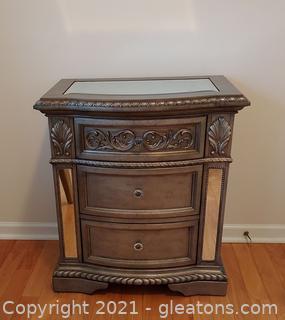 Beautiful 3 Drawer Nightstand with Mirror Inserts on Top and Sides 