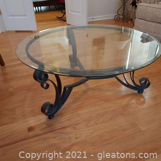 Lovely Round Beveled Glass Cocktail Table with Scrolled Iron Base 