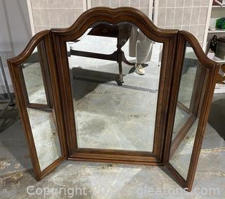 Vintage Wooden Tri-Fold Mirror 