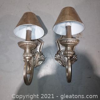 Pair of Silver Toned Wall Sconces with Shades (wired)