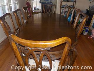 Mid-Century Oak Dining Table with 8 Chairs (2 are Captains)