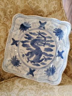 Signed Blue & White Dragon Design Porcelain Bowl