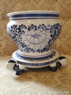 Fine Blue & White Vessel Vase Planter & Takahashi Hand Painted Plant Stand 