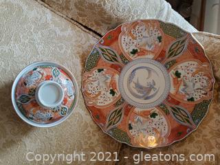 Vintage Andrea by Sadek Bread Dessert Snack Plate & Lidded Bowl Japanese Gold Trim Imari W/Cranes Signed 