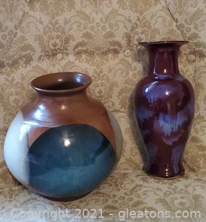 Pretty Red Glazed Vase w/Dripping Design Accent Signed & Craft Multi-Color Pottery Vase 