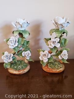 Pair of White & Green Porcelain Candle Holders Italy 