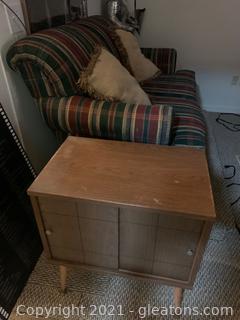 Mid Century Side Table and Striped Love Seat