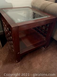 Wooden Block Leg Glass Top Side Table