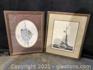 Signed Wall Prints of and Owl and Raccoon 