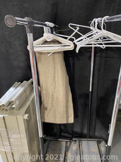 Plastic Shelving Unit and Two Rolling Clothes Racks with Hangers  