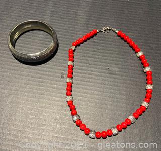 Red Beaded Necklace and Etched Thick Bangle   