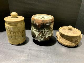 3 Asian Wood Fired Pottery Lidded Jars 