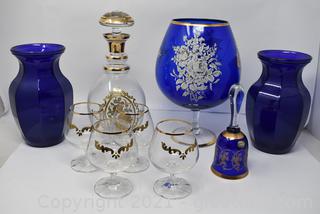 Vintage Decanter & Glass Set-X-Large Footed Brandy Snifter-Bohemia Bell-2 Cobalt Glass Vases