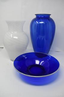 White Swirl Vase-Cobalt Blue Vase and A Cobalt Blue Bowl with a White Rim