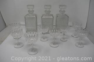 3 Vintage Cut Glass Square Decanter 8 Small Crystal Wine Glasses 