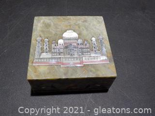 Marble Inlaid Trinket Box with Inlaid Taj Mahal and Florals 