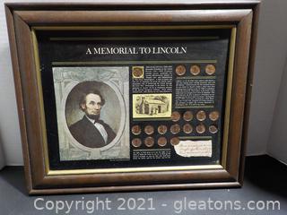 Framed Cardboard Print (1974) “Memorial to Lincoln” 19 Real Pennies 