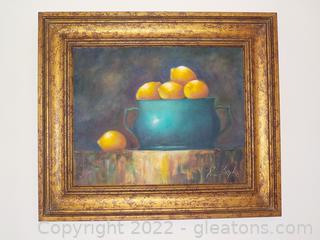 Striking Oil Painting by Local Artist, Rose Byrd, A Still Life of a Bowl with Lemons.