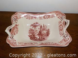 Johnson Brother's Red and White Transferware Two Handled Serving Dish