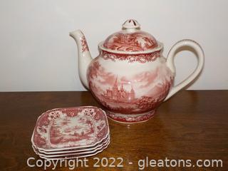 5 Lovely Pieces of Johnson Brother's Red and White Transferware