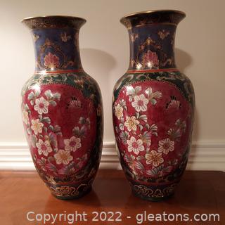 Pair of Colorful Hand Painted Urn Vases
