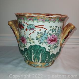 Exquisite Hand Painted Asian Vase with Scalloped Rim
