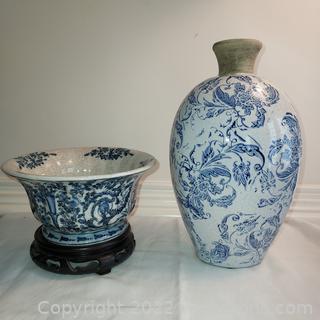 Pair of Blue and White Decor Pieces including a United Wilson 1897 With Base