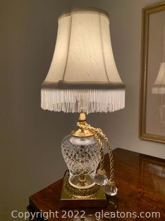 Small Crystal and Gold Table Lamp with Cream Fringe Silk Shade 