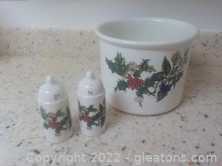 Portmeirion Open Serving Bowl and S/P Shakers “The Holly and The Ivy” 
