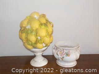 Vintage Italian Majolica Lemon Topiary and Capodimonte Dish