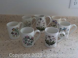 Portmeirion Botanic Garden Set of 6 Porcelain Mugs with a Creamer 