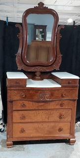 Beautiful Marble topped Burl Wood Drop Center Dresser with Swing Pedestal Mirror
