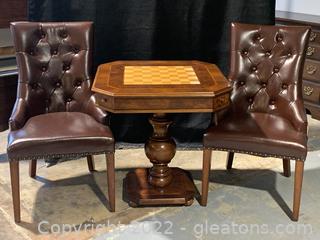 Pedestal Chess/Checkers Table and 2 Nailhead Parsons Chairs 