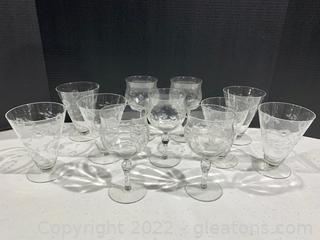 Footed Tumbler & Wine Etched Floral Glasses 