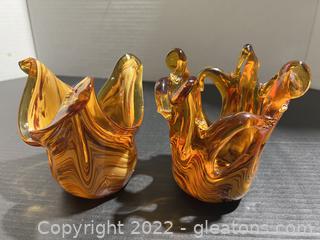 Pair of Murano Glass Honey Amber Candle Holders 