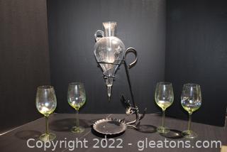 Etched Wine Dispenser with Iron Stand Also Etched and Tinted Wine Glasses
