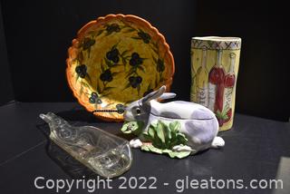Hand Made Ceramic Bowl/Signed Chelsea Rabbit Box. Wine Cooler-Cheese Tray